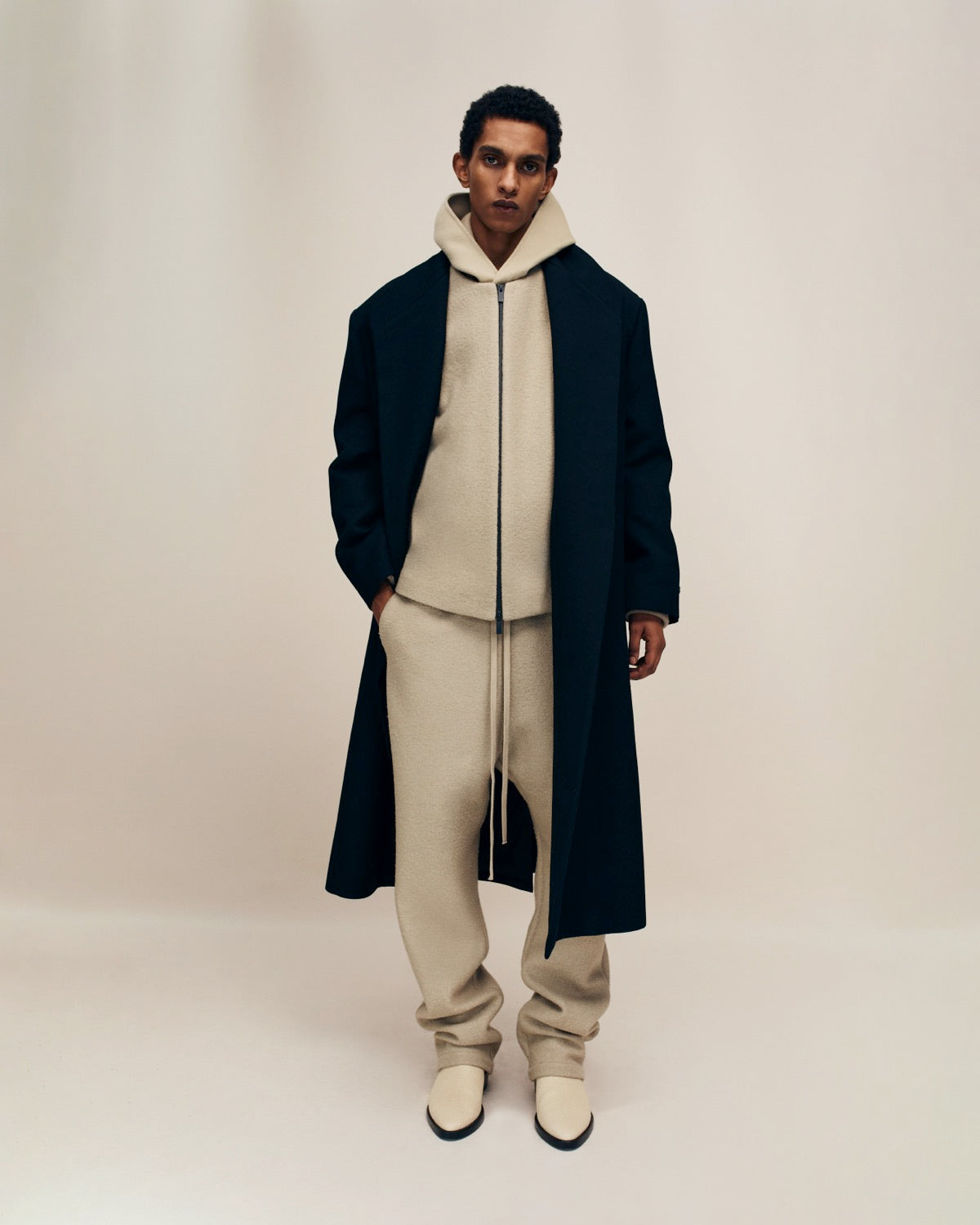 Boiled Wool 3/4 Sleeve Collarless Zip-Up
