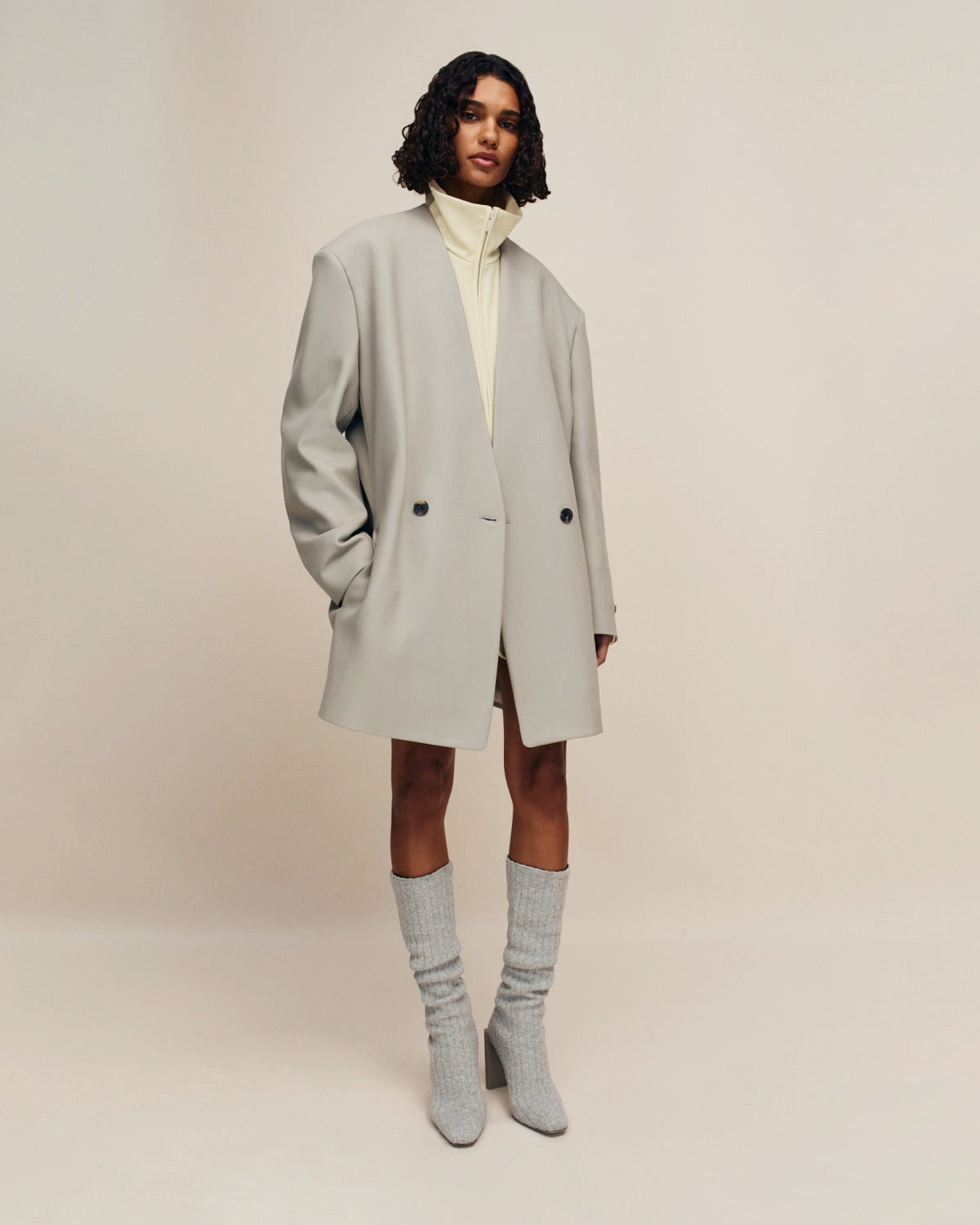 Wool Gabardine Double Breasted Lapelless Blazer