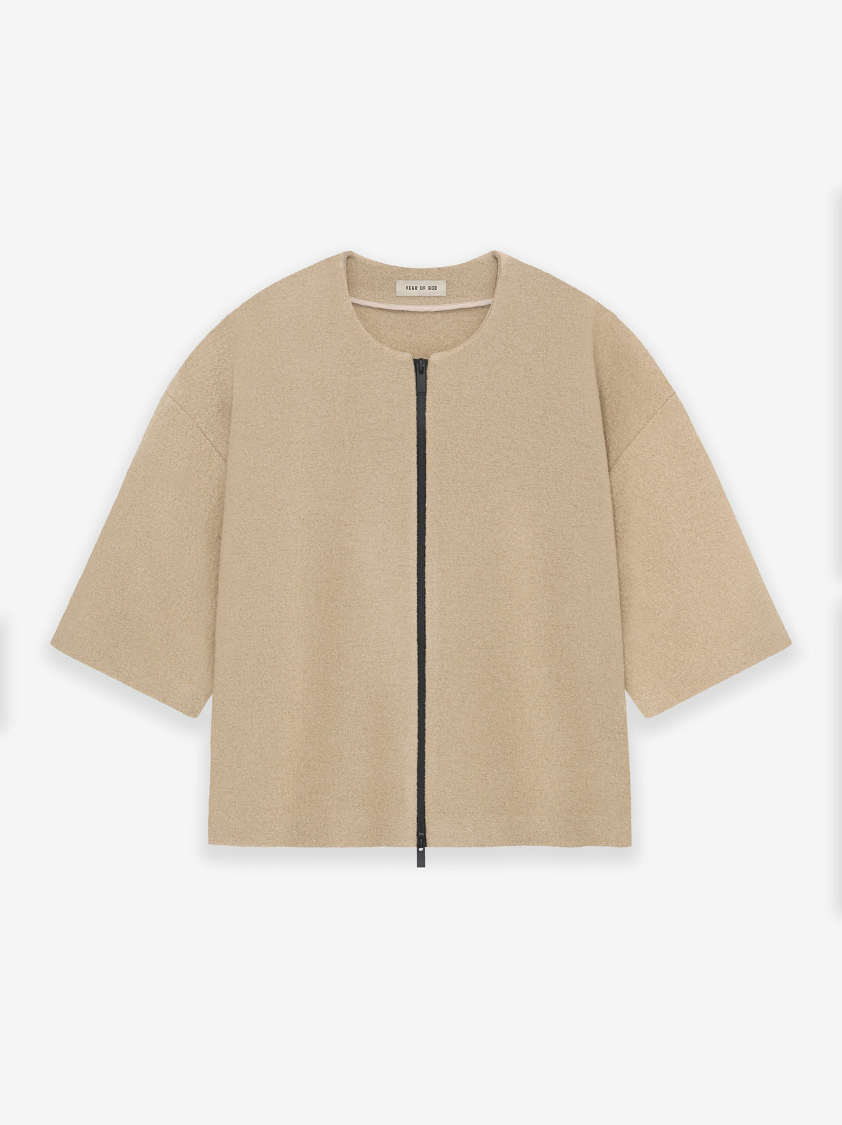 Boiled Wool 3/4 Sleeve Collarless Zip-Up