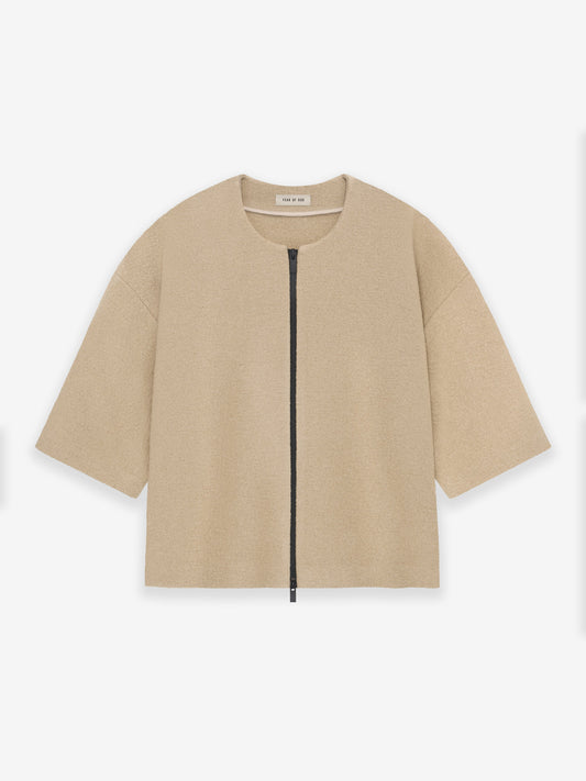 Boiled Wool 3/4 Sleeve Collarless Zip-Up
