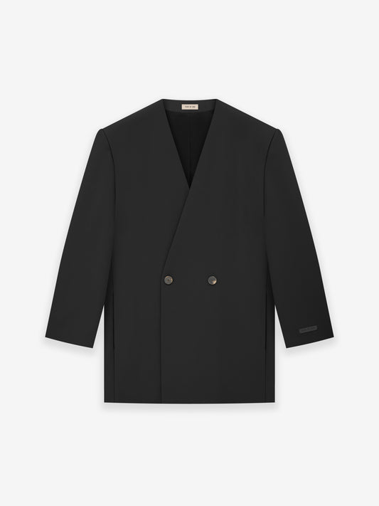Wool Gabardine Double Breasted Lapelless Blazer