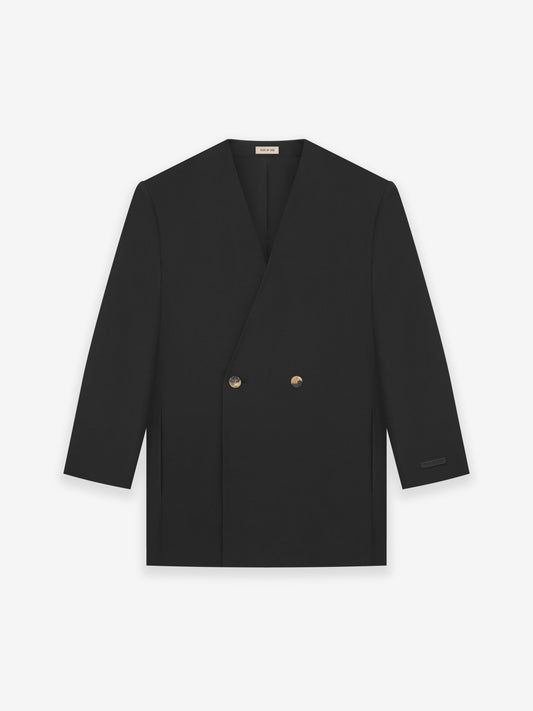 Silk Wool Double Breasted Lapelless Blazer