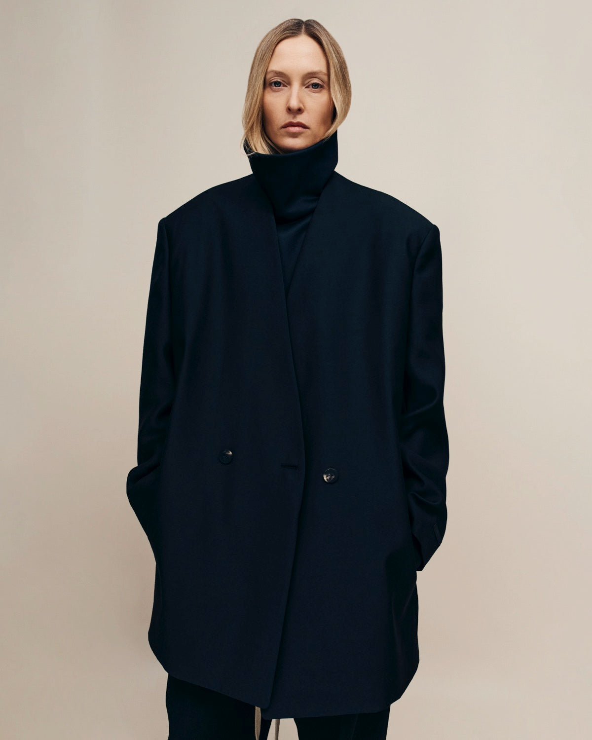 Silk Wool Double Breasted Lapelless Blazer